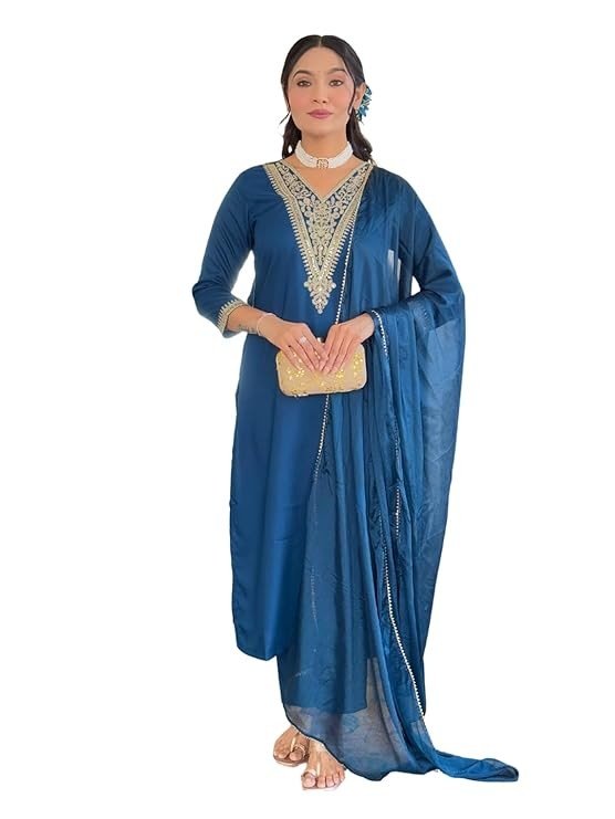 Naixa Women's Rayon Embroidered Straight Kurta with Rayon Pant and Silk Chiffon Laced Dupatta Sets (622)